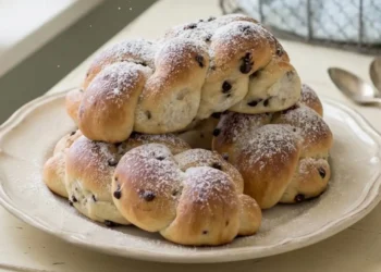 Treccine dolci con gocce di cioccolato e zucchero a velo impilate su un piatto vintage, ambientazione cucina shabby chic con fiori di lavanda e luce primaverile naturale