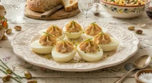 Piatto di uova sode ripiene con mousse di prosciutto cotto e granella di pistacchi su una tavola imbandita per il pranzo di Pasqua con famiglia sullo sfondo e decorazioni shabby chic.
