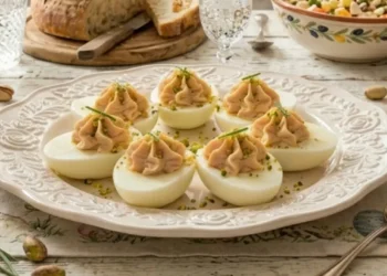 Piatto di uova sode ripiene con mousse di prosciutto cotto e granella di pistacchi su una tavola imbandita per il pranzo di Pasqua con famiglia sullo sfondo e decorazioni shabby chic.