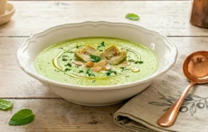 Piatto fondo di vellutata verde brillante ai gambi di carciofo, decorata con olio EVO e prezzemolo su tavolo shabby chic luminoso.