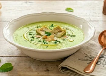 Piatto fondo di vellutata verde brillante ai gambi di carciofo, decorata con olio EVO e prezzemolo su tavolo shabby chic luminoso.