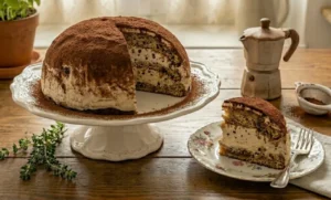 Zuccotto di colomba pasquale avanzata foderato con fette di colomba al caffè e ripieno di crema al mascarpone, ricoperto di cacao amaro in polvere su alzatina bianca