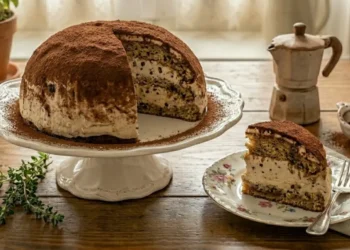 Zuccotto di colomba pasquale avanzata foderato con fette di colomba al caffè e ripieno di crema al mascarpone, ricoperto di cacao amaro in polvere su alzatina bianca