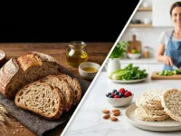Un confronto visivo tra fette di pane integrale artigianale su un tavolo in legno e gallette di riso in cucina con una nutrizionista sullo sfondo.
