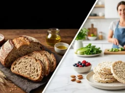 Un confronto visivo tra fette di pane integrale artigianale su un tavolo in legno e gallette di riso in cucina con una nutrizionista sullo sfondo.