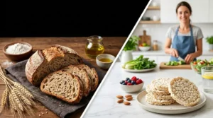Pane o gallette a dieta: quale scegliere Un confronto visivo tra fette di pane integrale artigianale su un tavolo in legno e gallette di riso in cucina con una nutrizionista sullo sfondo.