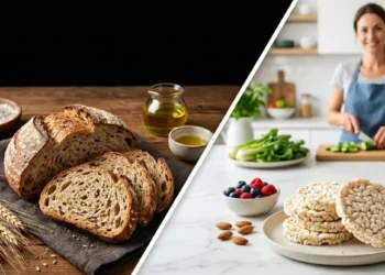 Pane o gallette a dieta: quale scegliere Un confronto visivo tra fette di pane integrale artigianale su un tavolo in legno e gallette di riso in cucina con una nutrizionista sullo sfondo.