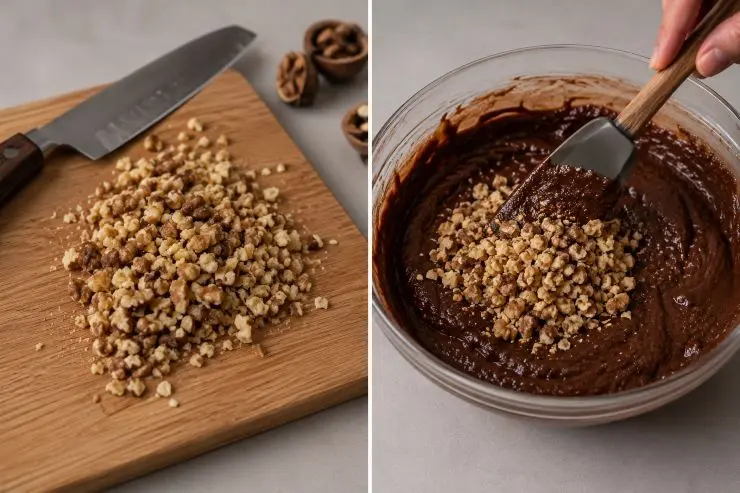 Tritate in modo grossolano la frutta secca. Potete scegliere solo nocciole oppure aggiungere anche mandorle e noci pecan. Unitele al composto e mescolate accuratamente in modo da amalgamare bene il tutto.