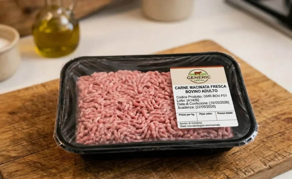 Una vaschetta di carne macinata fresca di bovino confezionata su un tagliere di legno in cucina.