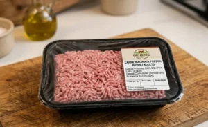 allerta-alimentare-carne-macinata-bovino Una vaschetta di carne macinata fresca di bovino confezionata su un tagliere di legno in cucina.