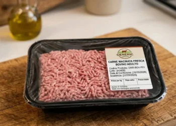 allerta-alimentare-carne-macinata-bovino Una vaschetta di carne macinata fresca di bovino confezionata su un tagliere di legno in cucina.