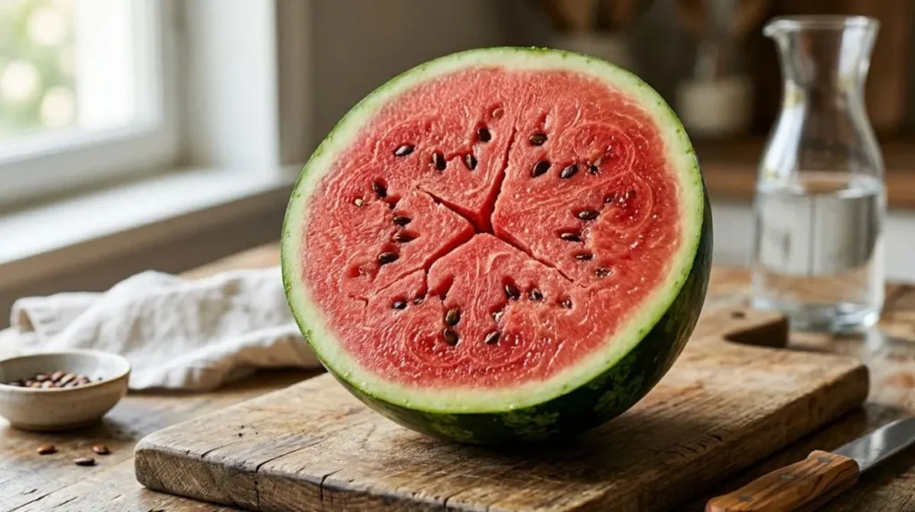Anguria con crepe interne e polpa rossa matura Sezione trasversale di un'anguria matura appoggiata su un tagliere di legno in cucina, che mostra le tipiche crepe naturali della polpa rossa (fenomeno del cuore cavo).