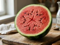 Sezione trasversale di un'anguria matura appoggiata su un tagliere di legno in cucina, che mostra le tipiche crepe naturali della polpa rossa (fenomeno del cuore cavo).