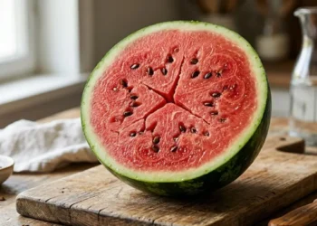 Anguria con crepe interne e polpa rossa matura Sezione trasversale di un'anguria matura appoggiata su un tagliere di legno in cucina, che mostra le tipiche crepe naturali della polpa rossa (fenomeno del cuore cavo).