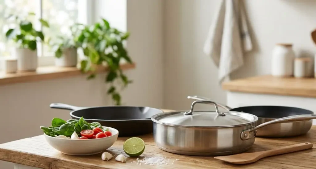 Un piano di cucina con pentole e padelle in acciaio inox e ghisa, complete di etichette tecniche sovrapposte che descrivono caratteristiche come "PFOA-free" e "PTFE-free".