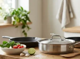 Un piano di cucina con pentole e padelle in acciaio inox e ghisa, complete di etichette tecniche sovrapposte che descrivono caratteristiche come "PFOA-free" e "PTFE-free".
