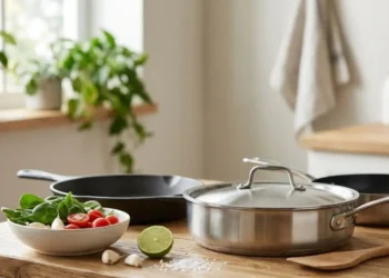 Un piano di cucina con pentole e padelle in acciaio inox e ghisa, complete di etichette tecniche sovrapposte che descrivono caratteristiche come "PFOA-free" e "PTFE-free".