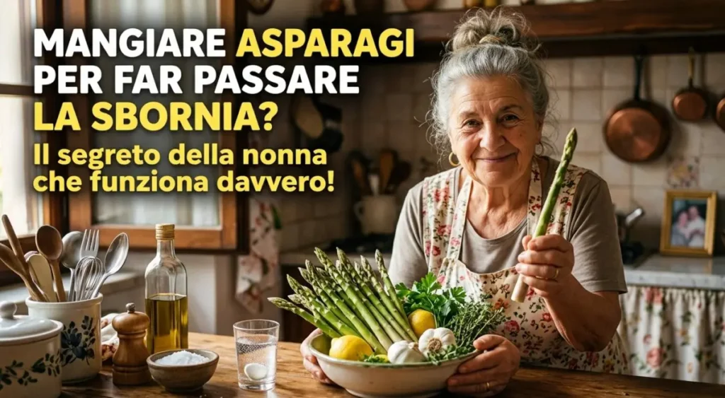 Mangiare asparagi per smaltire l'alcol: il trucco naturale Una simpatica nonna in cucina mostra un mazzo di asparagi freschi come rimedio naturale per far passare la sbornia e depurare il fegato.