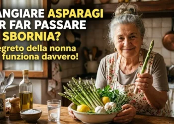Una simpatica nonna in cucina mostra un mazzo di asparagi freschi come rimedio naturale per far passare la sbornia e depurare il fegato.
