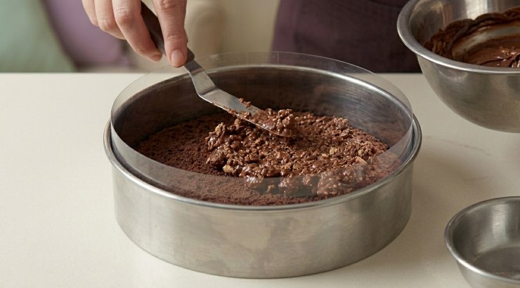Iniziamo con la preparazione del pan di spagna: montate gli albumi a neve ferma insieme allo zucchero. Aggiungete i tuorli a filo mescolando piano con una spatola. Setacciate dentro il cacao amaro ed incorporate tutto con movimenti dal basso verso l’alto. Stendete il composto su una leccarda foderata di carta forno, mantenendo uno spessore di poco meno di un centimetro e cuocete a 180 gradi per 10 minuti. Lasciate raffreddare e poi, usando l’anello della torta come stampo, ritagliate due dischi.Preparazione dello strato croccantePassiamo ora allo strato croccante: sciogliete il cioccolato fondente al microonde, unite la crema di nocciole ed i biscotti secchi tritati grossolanamente con le mani. Prendete il primo disco di pan di spagna, posizionatelo già sul fondo dell’ anello da pasticceria (rivestito sui bordi interni con strisce di carta forno o acetato) e stendete sopra il croccante livellandolo bene, quindi trasferite in freezer.