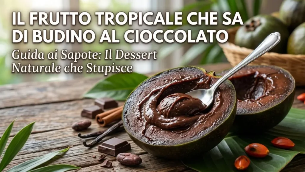 Black Sapote - Il Frutto al Gusto Cioccolato Un frutto black sapote tagliato a metà che mostra la sua polpa cremosa simile a un budino al cioccolato, con un cucchiaino all'interno, adagiato su un tavolo di legno accanto a cubetti di cioccolato e foglie tropicali.