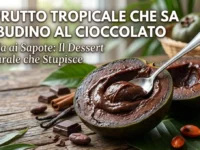 Un frutto black sapote tagliato a metà che mostra la sua polpa cremosa simile a un budino al cioccolato, con un cucchiaino all'interno, adagiato su un tavolo di legno accanto a cubetti di cioccolato e foglie tropicali.