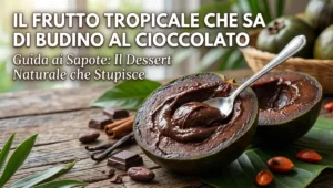 Un frutto black sapote tagliato a metà che mostra la sua polpa cremosa simile a un budino al cioccolato, con un cucchiaino all'interno, adagiato su un tavolo di legno accanto a cubetti di cioccolato e foglie tropicali.