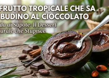 Un frutto black sapote tagliato a metà che mostra la sua polpa cremosa simile a un budino al cioccolato, con un cucchiaino all'interno, adagiato su un tavolo di legno accanto a cubetti di cioccolato e foglie tropicali.