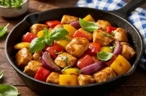 Bocconcini di pollo dorati e morbidi saltati in padella con peperoni rossi e gialli in agrodolce e basilico fresco.