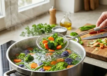 Verdure miste colorate come broccoli e carote estratte da una pentola d'acqua in ebollizione con una schiumarola.