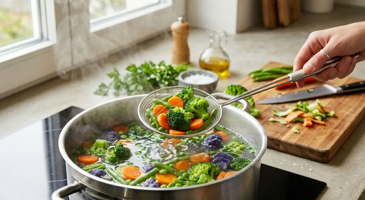 Verdure miste colorate come broccoli e carote estratte da una pentola d'acqua in ebollizione con una schiumarola.