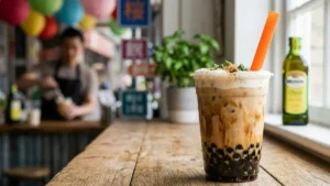 Un bicchiere di Bubble Tea classico al latte con striature di sciroppo di zucchero di canna, perle di tapioca sul fondo e una cannuccia arancione, appoggiato su un bancone di legno all'interno di un locale.