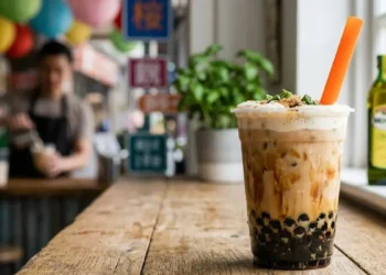 Un bicchiere di Bubble Tea classico al latte con striature di sciroppo di zucchero di canna, perle di tapioca sul fondo e una cannuccia arancione, appoggiato su un bancone di legno all'interno di un locale.
