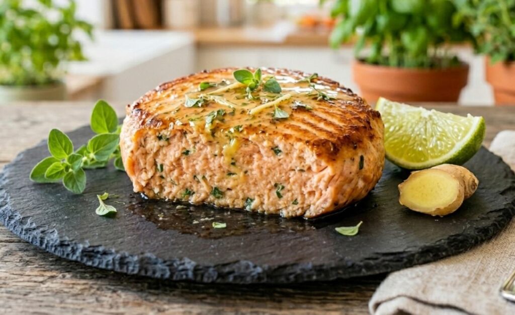 burger-salmone-fatto-in-casa-ricetta-veloce Burger di salmone fatto in casa cotto alla piastra e irrorato con salsa salmoriglio su un piatto scuro.