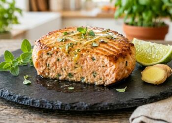 Burger di salmone fatto in casa cotto alla piastra e irrorato con salsa salmoriglio su un piatto scuro.
