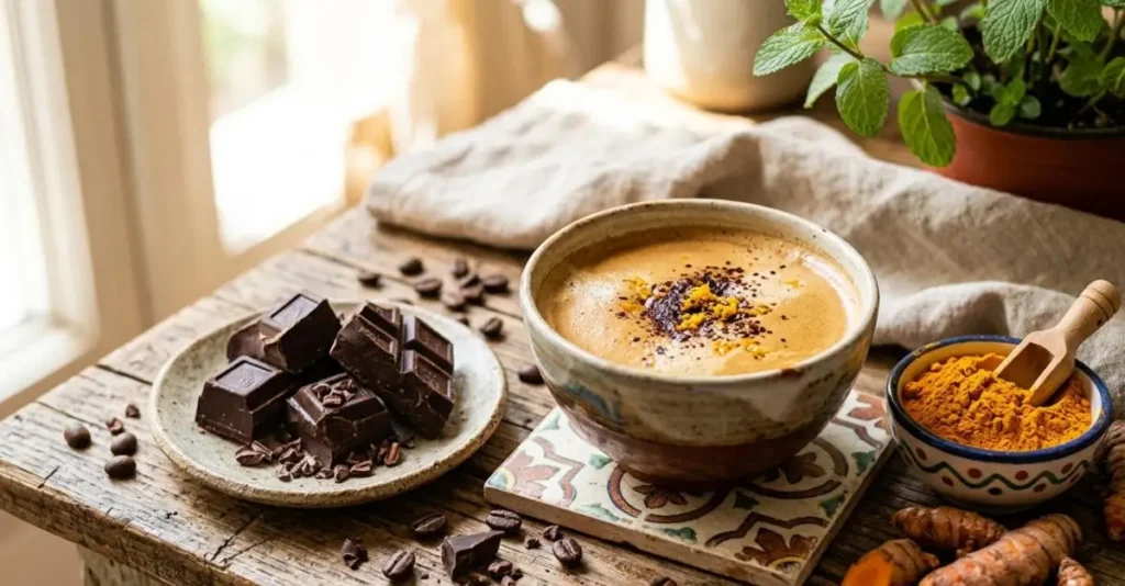 Alimenti naturali alleati di fegato e digestione Una tazza di caffè schiumoso accanto a cubetti di cioccolato fondente e una ciotola di curcuma in polvere su un tavolo in legno.