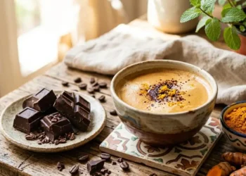 Alimenti naturali alleati di fegato e digestione Una tazza di caffè schiumoso accanto a cubetti di cioccolato fondente e una ciotola di curcuma in polvere su un tavolo in legno.