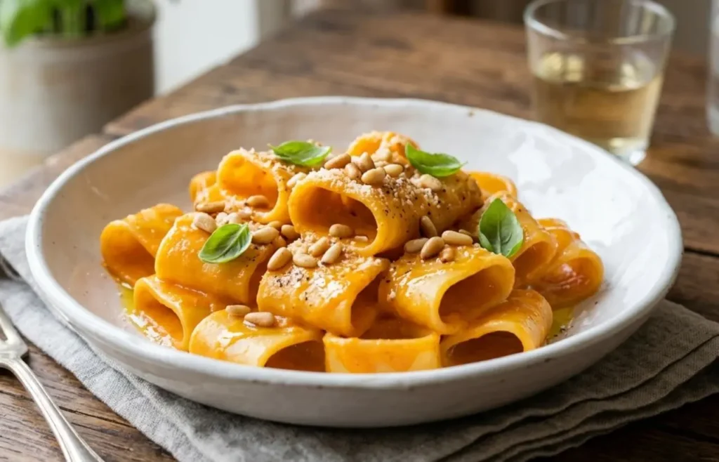 calamarata-pesto-peperoni-cremosa-veloce Piatto bianco con pasta calamarata avvolta da una densa crema di peperoni arancione, decorata con pinoli tostati e basilico su tavola rustica.