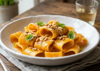 Piatto bianco con pasta calamarata avvolta da una densa crema di peperoni arancione, decorata con pinoli tostati e basilico su tavola rustica.