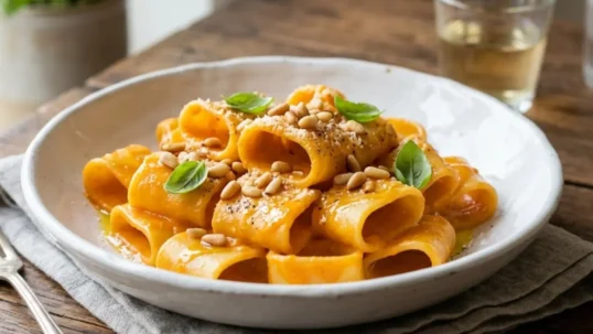 Piatto bianco con pasta calamarata avvolta da una densa crema di peperoni arancione, decorata con pinoli tostati e basilico su tavola rustica.