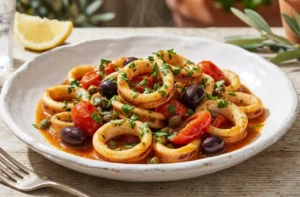 calamari-in-padella-con-pomodorini-mediterranei-teneri Anelli di calamari in padella con pomodorini succosi, olive di Gaeta e prezzemolo fresco serviti in un piatto bianco.