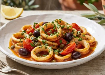 Anelli di calamari in padella con pomodorini succosi, olive di Gaeta e prezzemolo fresco serviti in un piatto bianco.