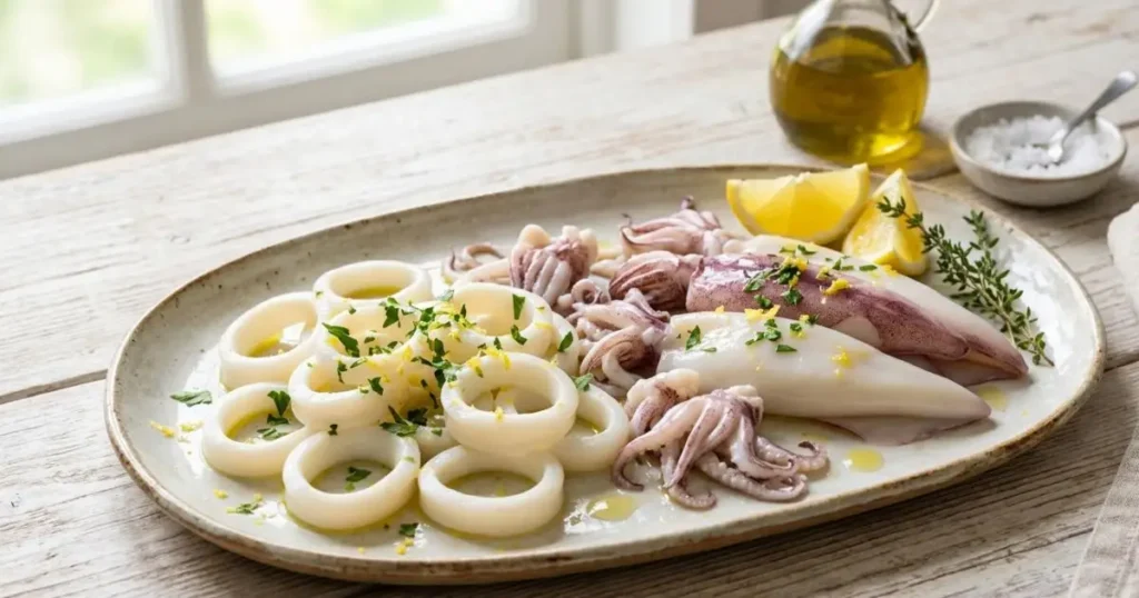 Calamari freschi puliti e pronti da cucinare Piatto di ceramica con calamari puliti alla perfezione, alcuni interi e altri tagliati ad anelli, conditi con olio, prezzemolo e limone su un tavolo di legno.