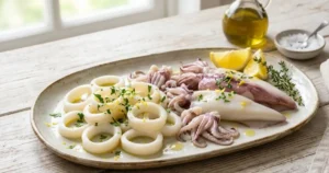 Calamari freschi puliti e pronti da cucinare Piatto di ceramica con calamari puliti alla perfezione, alcuni interi e altri tagliati ad anelli, conditi con olio, prezzemolo e limone su un tavolo di legno.