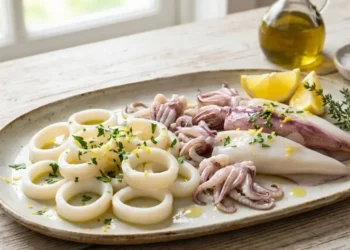 Piatto di ceramica con calamari puliti alla perfezione, alcuni interi e altri tagliati ad anelli, conditi con olio, prezzemolo e limone su un tavolo di legno.