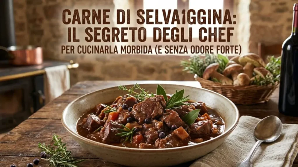 Un piatto di spezzatino di carne di selvaggina fumante su un tavolo in legno rustico con ingredienti come vino rosso, erbe aromatiche e bacche di ginepro.