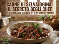 Un piatto di spezzatino di carne di selvaggina fumante su un tavolo in legno rustico con ingredienti come vino rosso, erbe aromatiche e bacche di ginepro.