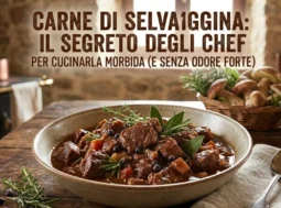 Un piatto di spezzatino di carne di selvaggina fumante su un tavolo in legno rustico con ingredienti come vino rosso, erbe aromatiche e bacche di ginepro.