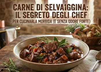 Come cucinare la carne di selvaggina: i segreti per farla morbida Un piatto di spezzatino di carne di selvaggina fumante su un tavolo in legno rustico con ingredienti come vino rosso, erbe aromatiche e bacche di ginepro.
