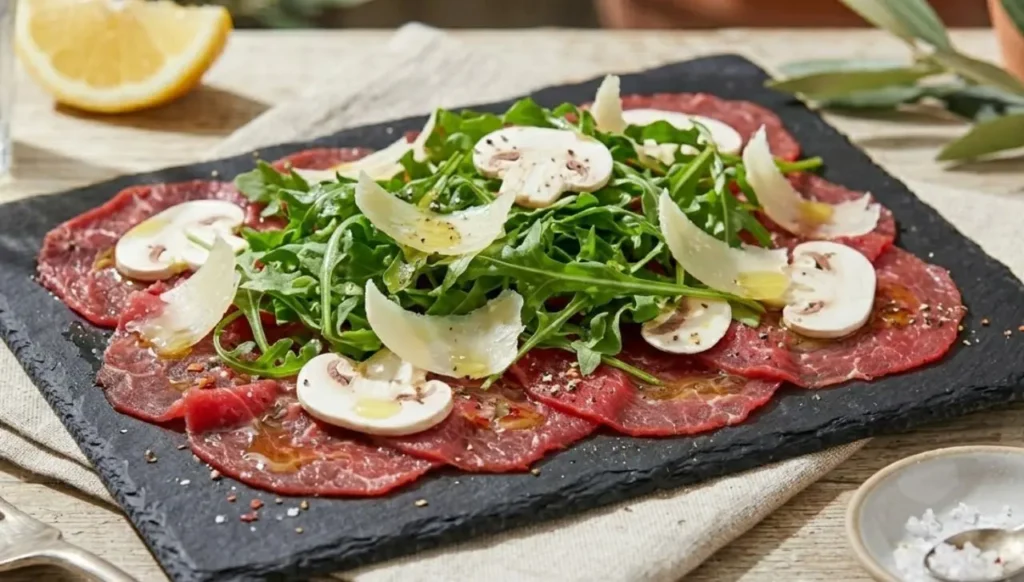 carpaccio-manzo-rucola-grana-funghi-champignon Fettine di carpaccio di manzo rosso vivo con rucola turgida, scaglie di grana e funghi champignon sodi su un piatto di ardesia.